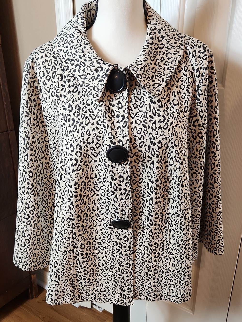 Maggie Barnes Cream and Black Leopard Print Pea Coat with Large Black Buttons